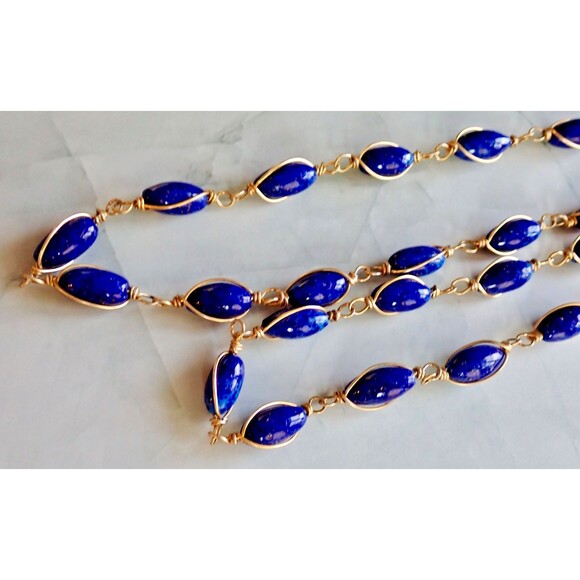 Lapis Lazuli Bead Copper Wire Wrapped Chain Link Long Single Strand Necklace 48" - Picture 8 of 14